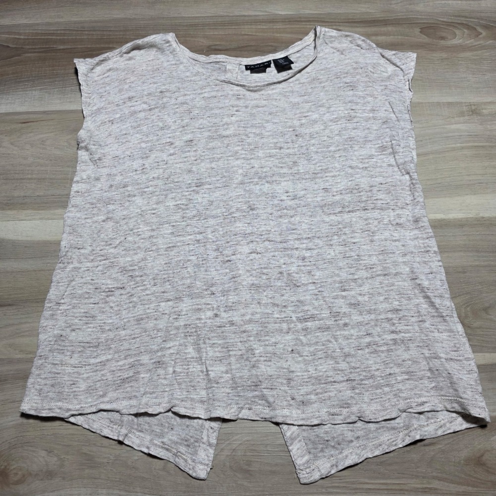 Tahari 100% Linen Knit Top Womens Medium‎ Beige Button Back Sleeveless Shirt